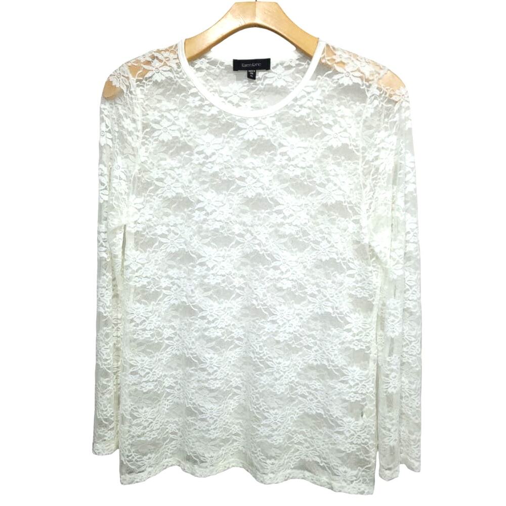 Karen Kane XL Floral Lace Sheer Top Cream Long Sleeve Boho Elegant Romantic EUC